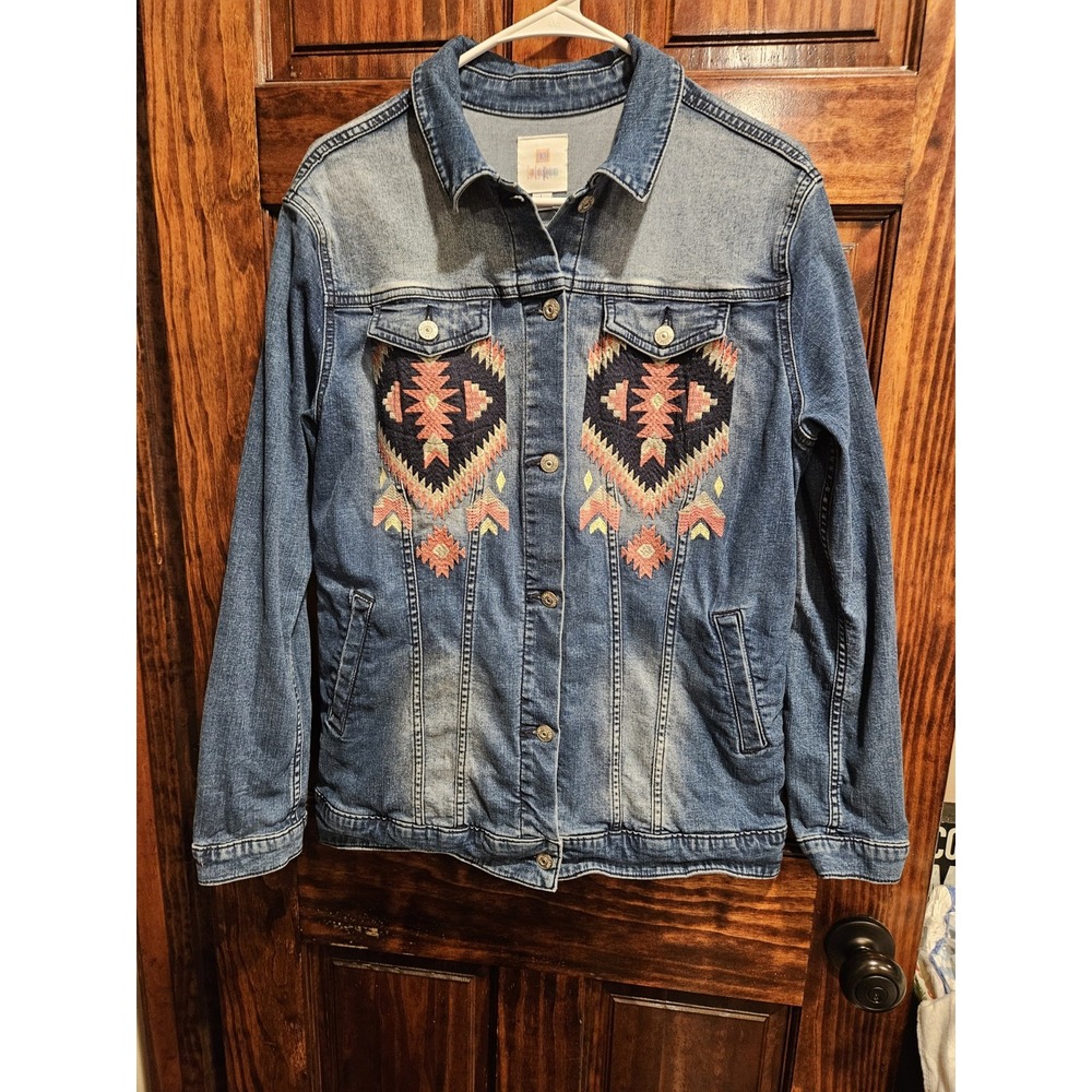 Lularoe Jaxon Denim Jacket Southwestern Aztec Embroidered Blue Large L